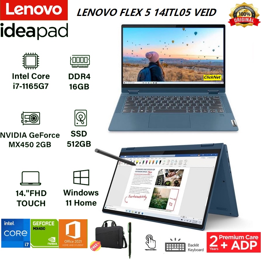 LENOVO FLEX 5 14ITL05-VEID I7-1165G7 16GB 512GB SSD MX450 2GB FHD IPS Touch WIN11 OHS