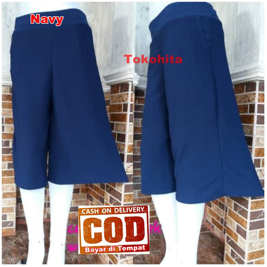 Morashop Celana Kulot Pendek 3/4 Polos Bahan Waffle Crepe Kulit Jeruk-Navy