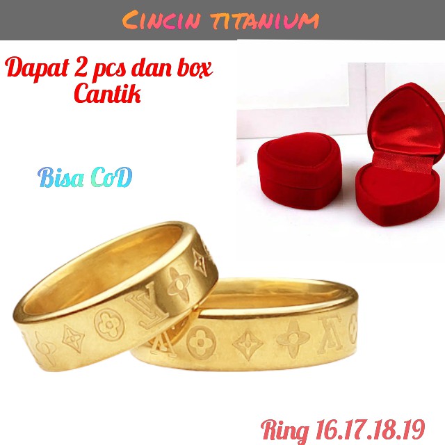 Cincin Kawin Udah Dapat 2 Pcs + Box Cincin lv mewah dan berkelas Berlapis Stainless Steel