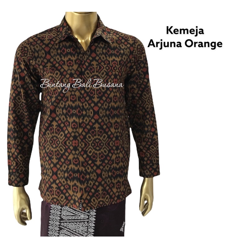 Kemeja Endek Bali Pria Katun Arjuna Orange Lengan Panjang