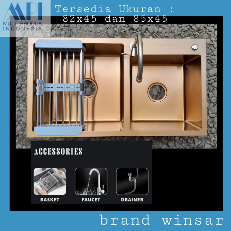 bak cuci piring 2 lubang rose gold premium, kitchen sink 2 lubang warna emas. kitchen sink winsar 2 