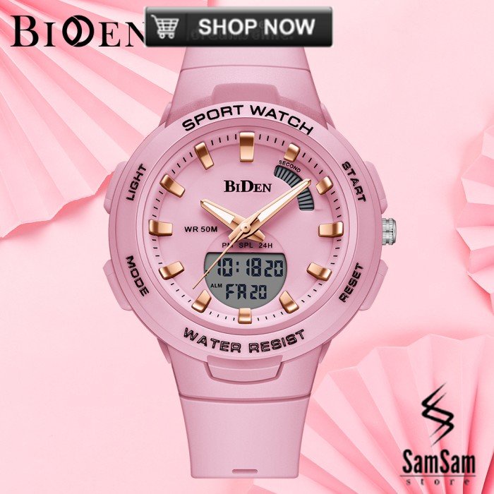 BIDEN Jam Tangan Wanita Digital & Analog Display Olahraga Silikon Jam - Merah Muda