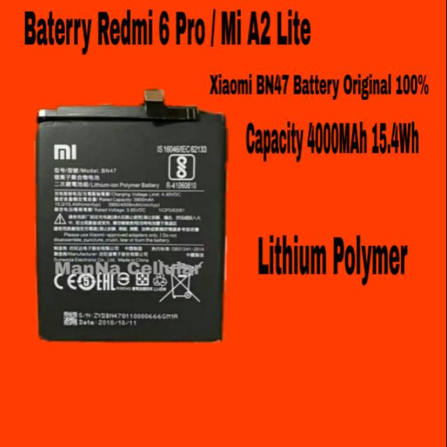 Baterai Xiaomi Redmi 6 Pro BN47 Original Battery 100% Batre Mi A2 Lite Bateri Ori 100