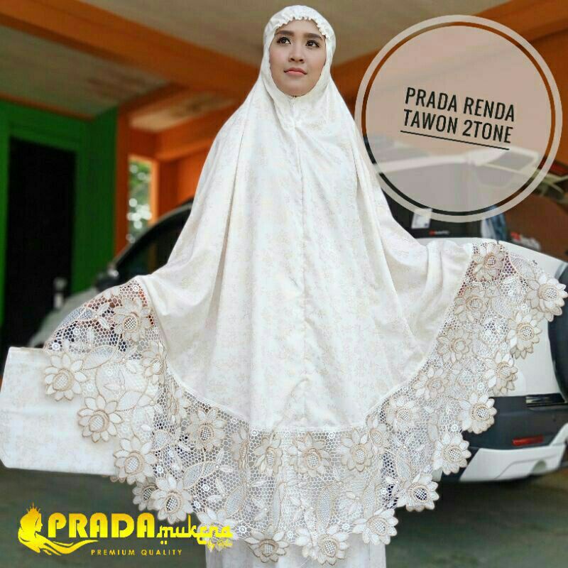MUKENA KATUN MUKENAH DEWASA MUKNH PUTIH RENDA PRADA MIX TWOTONE MOTIF BORDIR PREMIUM TELENGKUNG JUMB