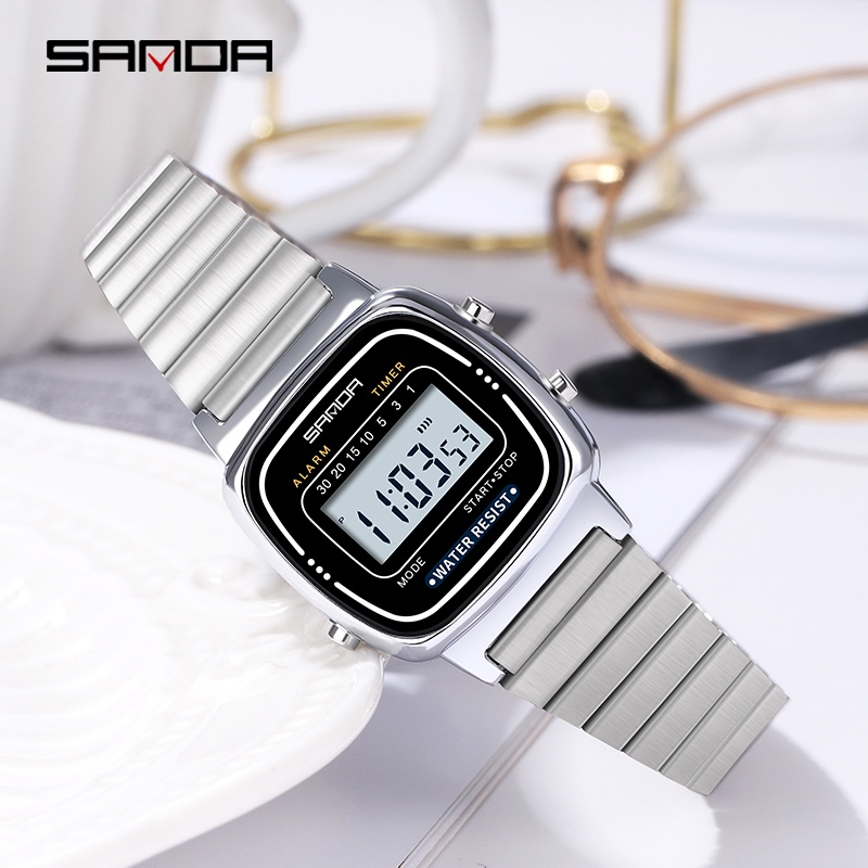 SANDA 6053 Jam Tangan Wanita Digital EL Backlight Business Watch Stainless Steel WATCHKITE WKOS