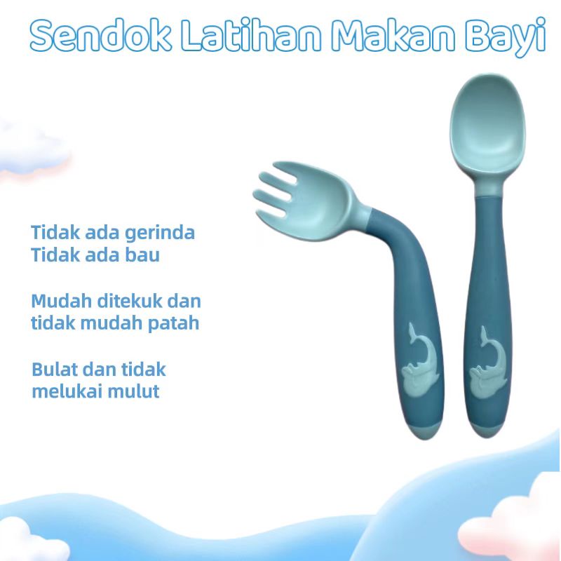 360 Derajat Melengkung Sendok Makan Bayi MPASI BLW / Food Grade Silicone Anak Makan Sendok Garpu