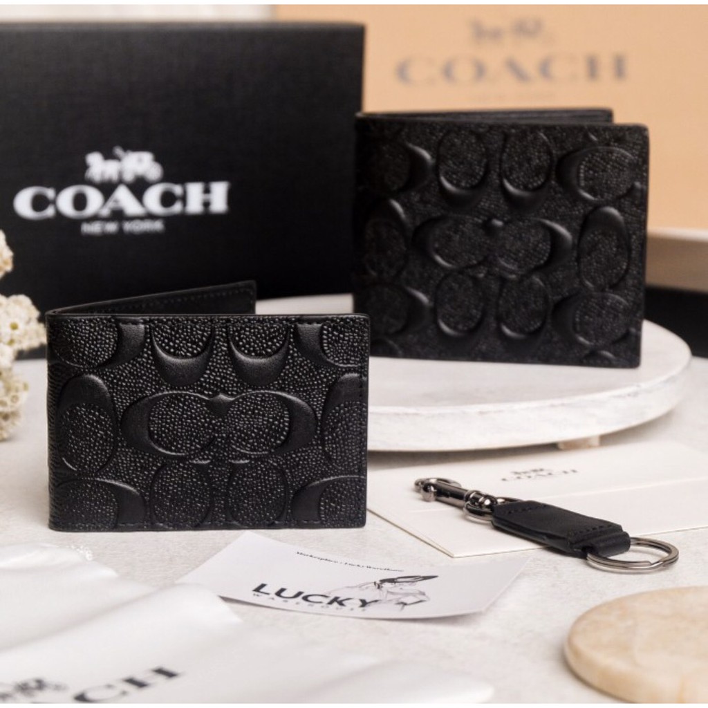 Coach Compact ID Embossed Leather Wallet Black - ORIGINAL 100%