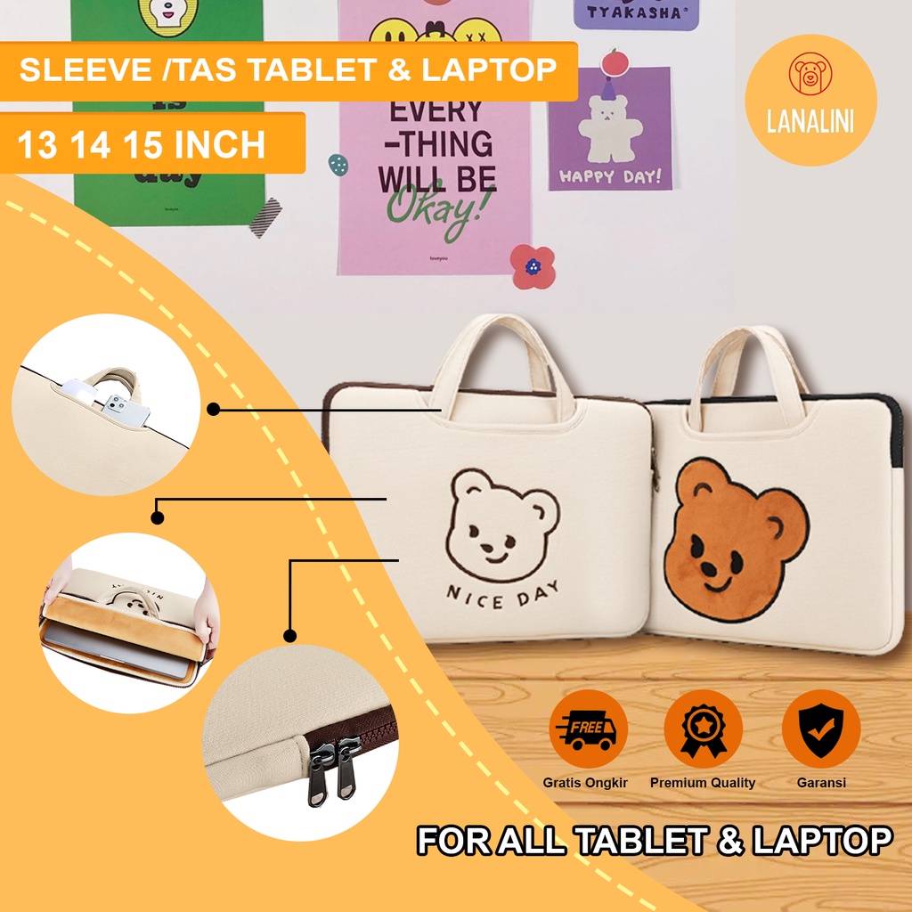 Sleeve Pouch Sarung Tas Bag Case Ipad Tab Tablet Macbook Air Pro Laptop Asus Acer Lenovo HP Huawei 11 12 13 14 15 inch Motif Gambar Beruang Bear Warna Putih Krem Coklat White Brown Lucu Cute Murah Korean Model Tali Jinjing Banyak Slot Ruang Stationary