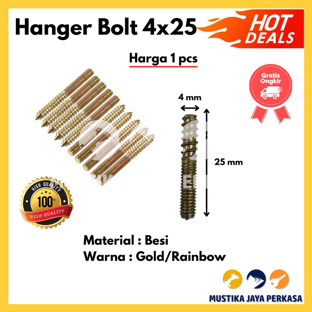 Hanger Bolt Drat Kasar Baut Gantung M4 x 25 Murah Besi Gold