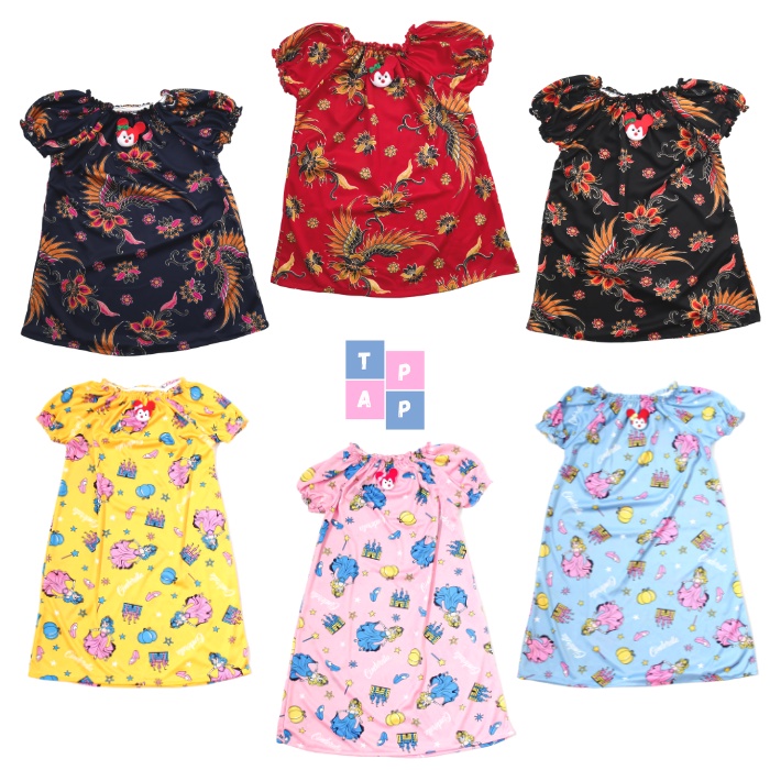 Baju Tidur Daster Anak Perempuan 1-6 Tahun Model Tangan Terusan Motif Batik Karakter