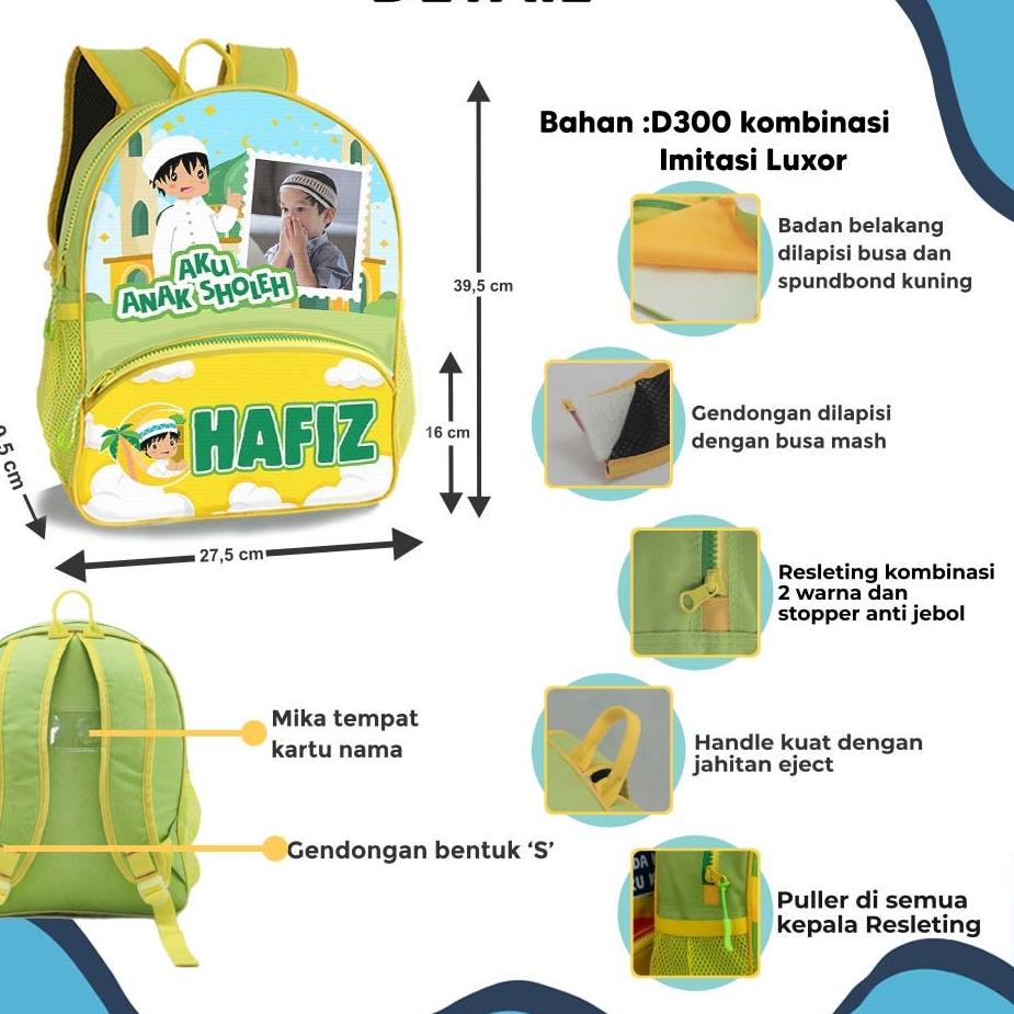 

Bagus Dipakai.. [1 HARI JADI] Tas Anak Custom Foto+Nama Aku anak sholeh muslim/ Tas Anak PAUD [Dexter] GDkids.id