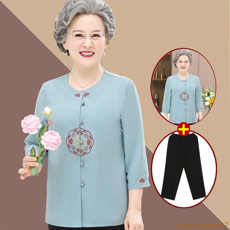 Kemeja setelan kemeja musim semi dan musim panas nenek paruh baya dan lansia