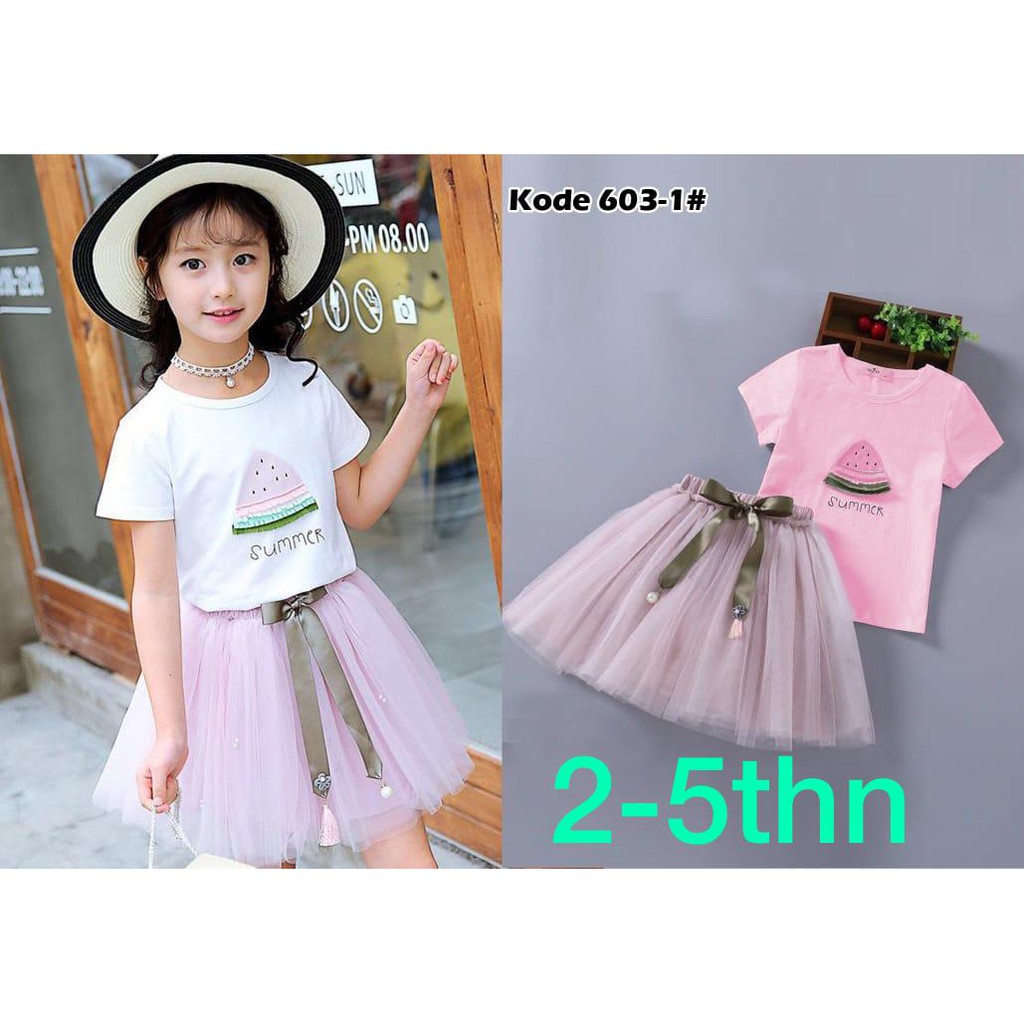 603-1#Stelan Semangka// Summer//Baju+Rok Pita//Setelan Anak Semangka Summer Terbaru