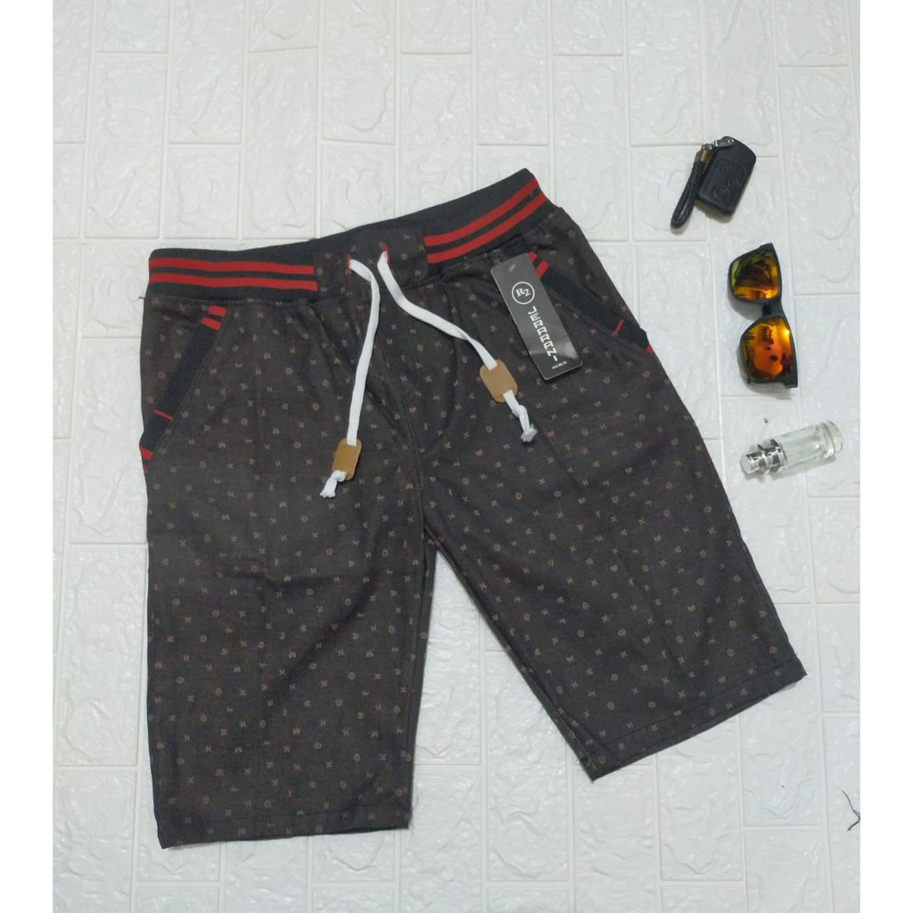 celana pendek pria motif print katun twil baby kanvas pinggang karet rip tali serut model terbaruCOD