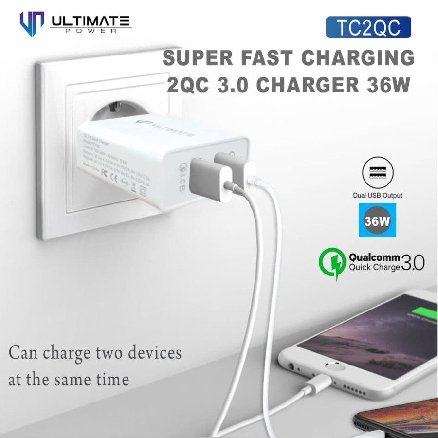 Ultimate Adapter Fast Charging Dual USB QC 3.0 Charger 36W TC2QC