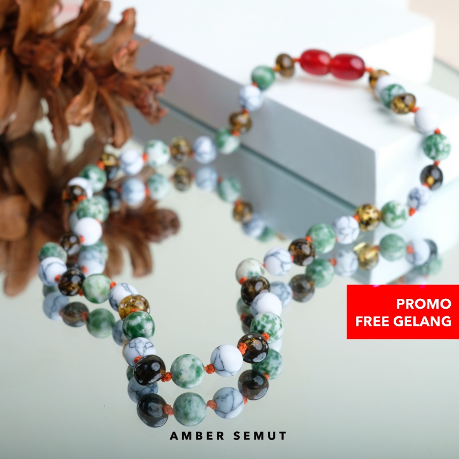 FREE GELANG - Kalung Amber Baltic Green Glossy X Light Earth Stone by AMBER SEMUT