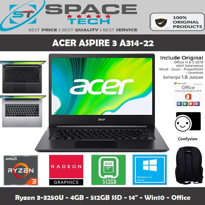 LAPTOP ACER ASPIRE 3 SLIM A314-22 RYZEN 3-3250U 4GB 512GB SSD 14"WIN10 - R5L8 - BLACK