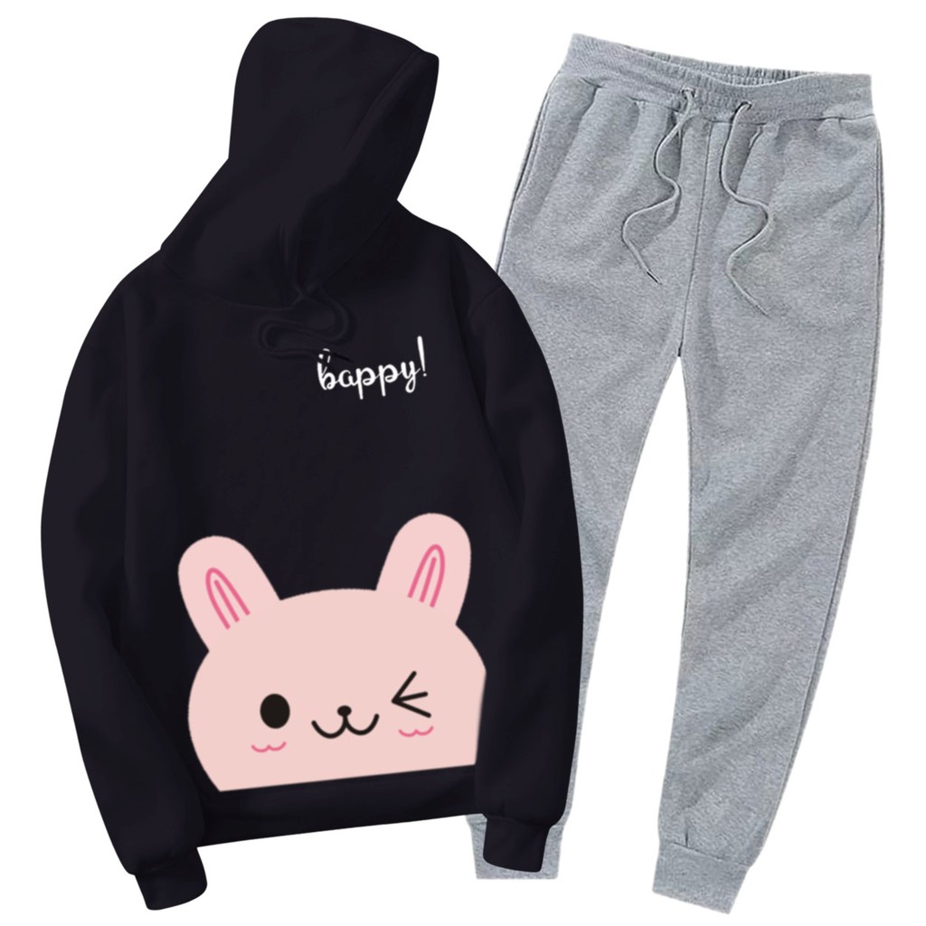 BESS - Setelan Hoodie Wanita Murah / Setelan Hoodie + Jogger Abu - HAPPY CAT