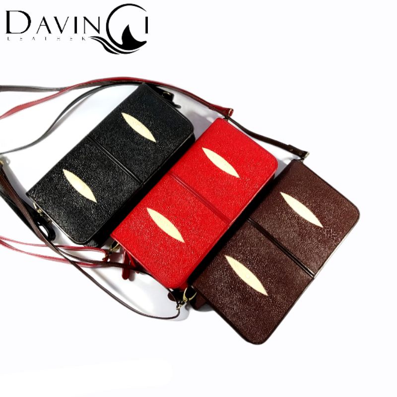 Tas Slempang Wanita Double Rit Kulit Ikan Pari Asli Motif Mata