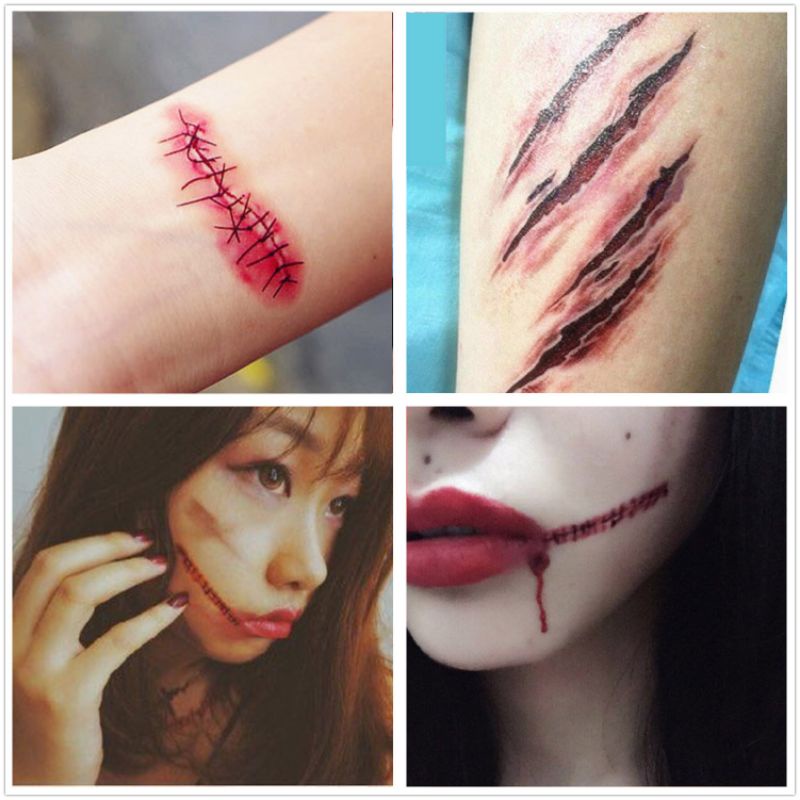 Grosir Termurah Tato Luka Stiker Tato temporer untuk make up cosplay helloween Prank Terluka jahitan , mata , paku , silet