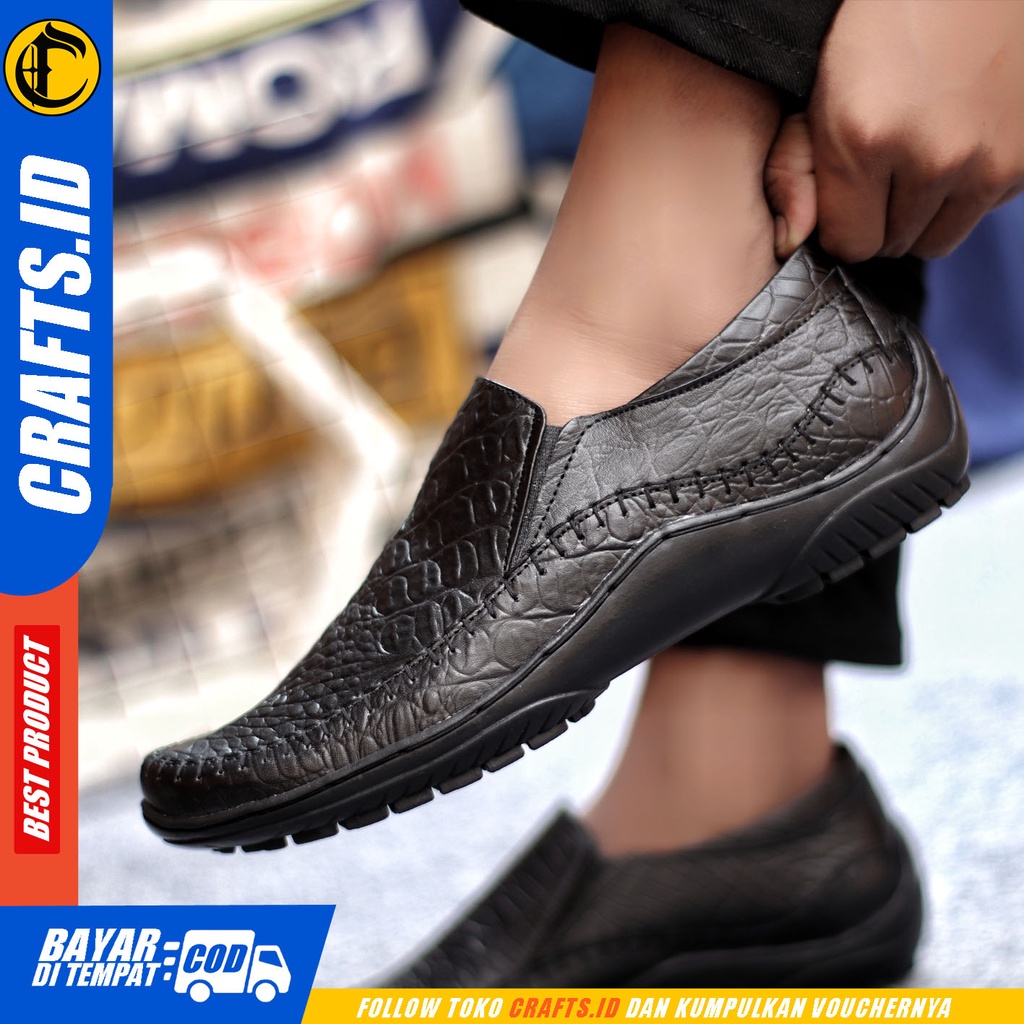 Sepatu Slip On Pria Sepatu Casual Pria Formal Kulit Asli Sepatu Pantofel Kerja Kantor Kuliah Kondangan Sepatu Slop Pria Sepatu Hitam Pria CRAFTS CROCO