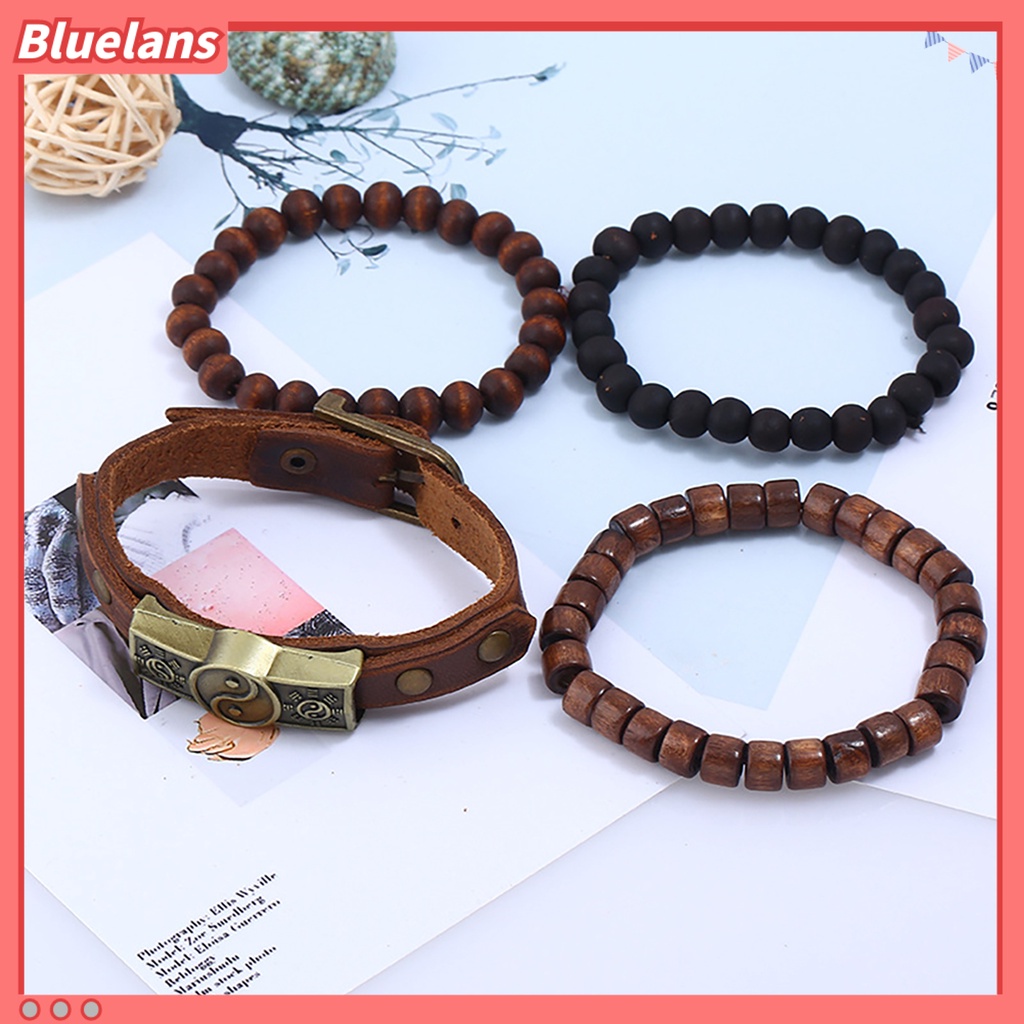 Bluelans 4Pcs Beaded Bracelet Simple Multi-layer Easy-using Tai Chi Leather Bracelets