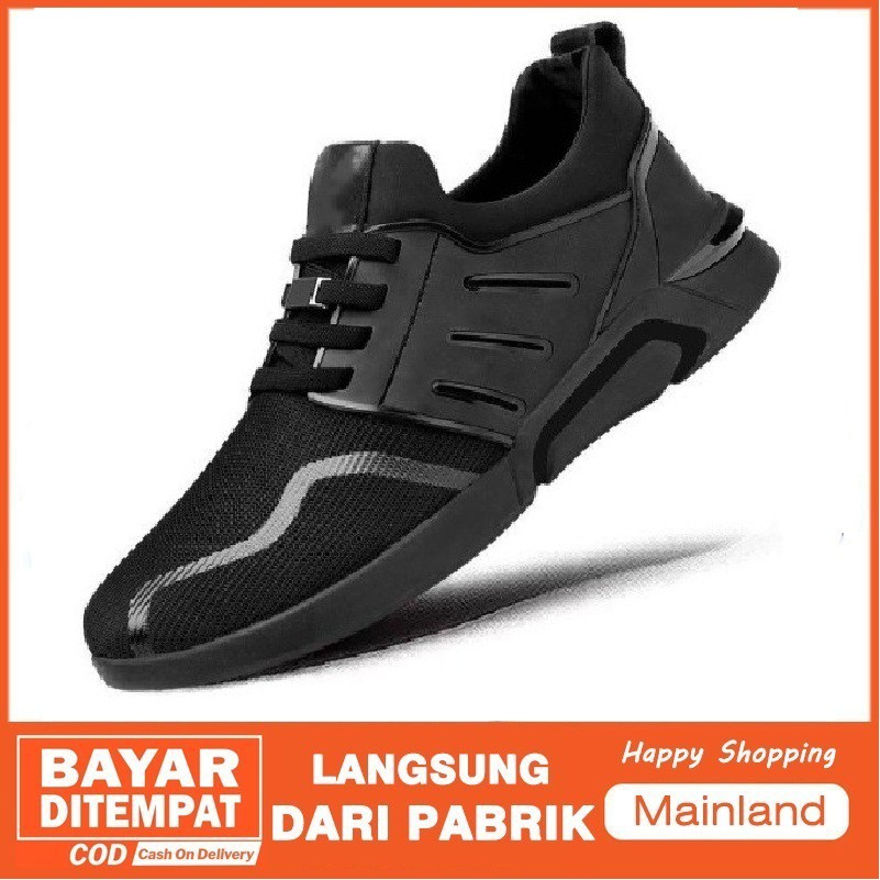 Mainland Sepatu Pria Running Fashion Olahraga Pria Korea Sekolah Kerja Sport Hitam Polos F15 -A