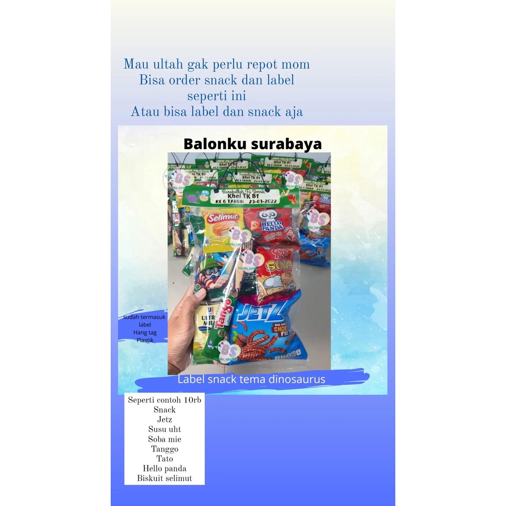 

label custom bingkisan snack ulang tahun tedak siten tema dinosaurus