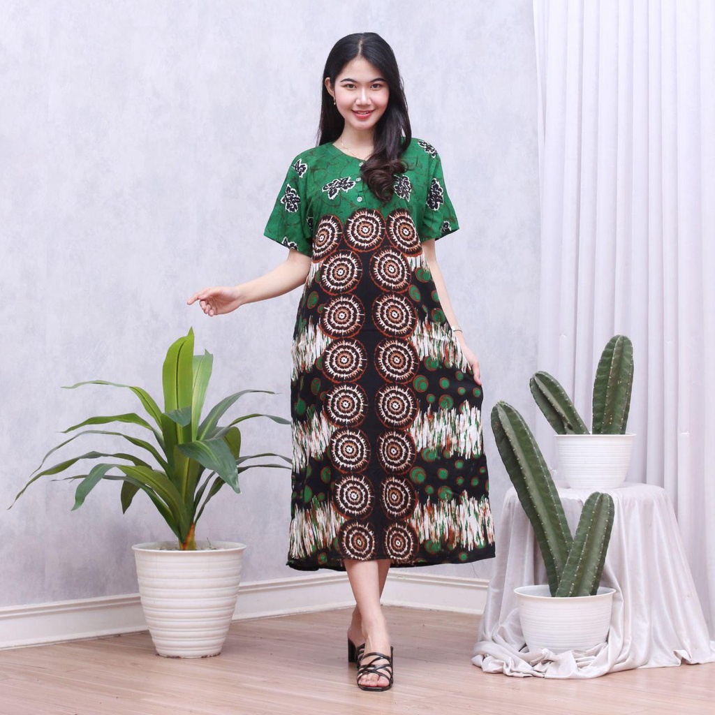 Daster Batik Lengan Pendek - Motif Daun - Leher Kancing (DPT001-133) Batik Prass-LAYLA HIJAU