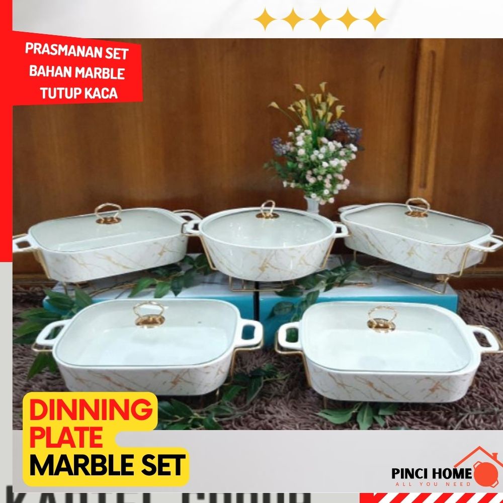 Wadah Saji Makanan Keramik Serving Plate Marble Set Isi 5 Bonus Tatakan Gold Rack Penghangat