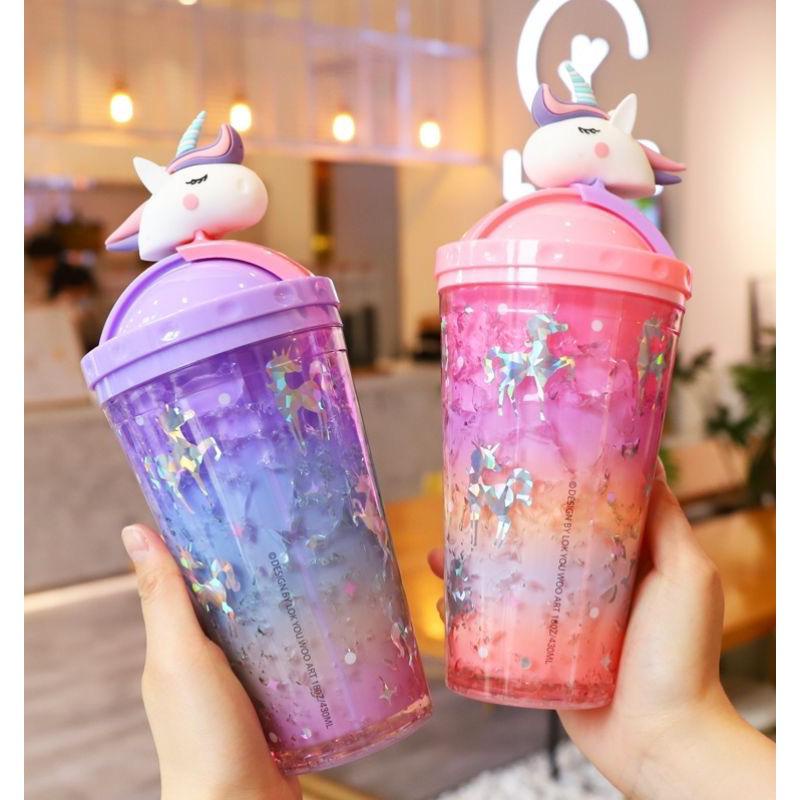 GELAS TUMBLER UNICORN RAINBOW GLITTER 450ML BOTOL MINUM ANAK KADO HADIAH PEREMPUAN CEWEK