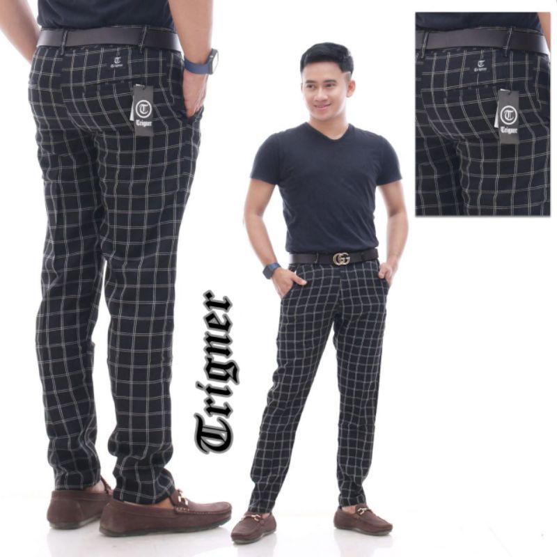 CELANA CHINO TARTAN PRIA ANKLE PANTS MOTIF KOTAK-KOTAK PANJANG COWOK SALUR MODEL SLIMFIT