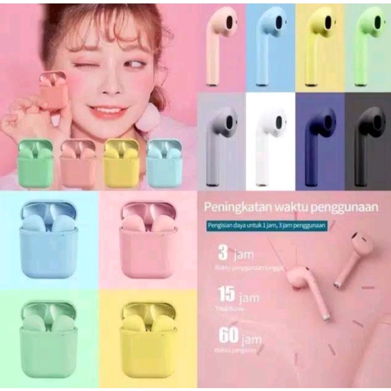 HEADSET BLUETOOTH 5.0 WIRELESS i12 MACARON TWS