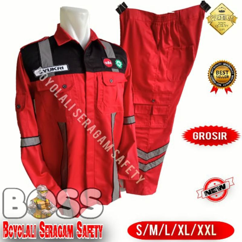 Baju Seragam Safety Setelan Celana Adhi Karya Kombinasi Hitam Merah Free Bordir Shopee Indonesia