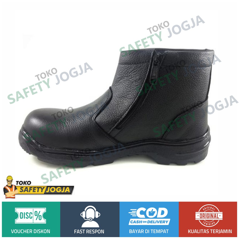 Sepatu Resleting Samping Safety Ujung besi Karet Samping Kulit Asli