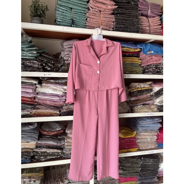 ONE SET CROP TOP BLEZER || KEMEJA CROP CRINGKLE || SET WANITA-PINK