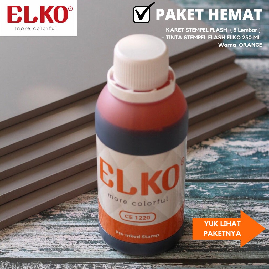 

Karet Stempel Flash 15x33x7 / (5 Lembar) + Tinta Stempel Flash ELKO 250 ML Warna ORANGE