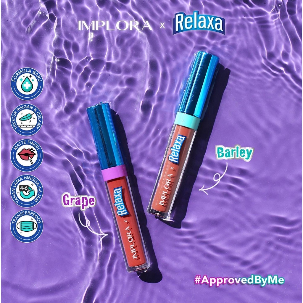 IMPLORA X RELAXA Matte Lipcream Indonesia / Limited Edition 2.9g / Lip Cream Lipstick Lipstik Lips Gincu Bibir / Barley Grape Series 1 Set Paket Lengkap / Cosmetic Makeup Tint Velvet Crayon Satin Gloss Glossy Stain Balm Plumper Serum / Urban Cheek Jelly