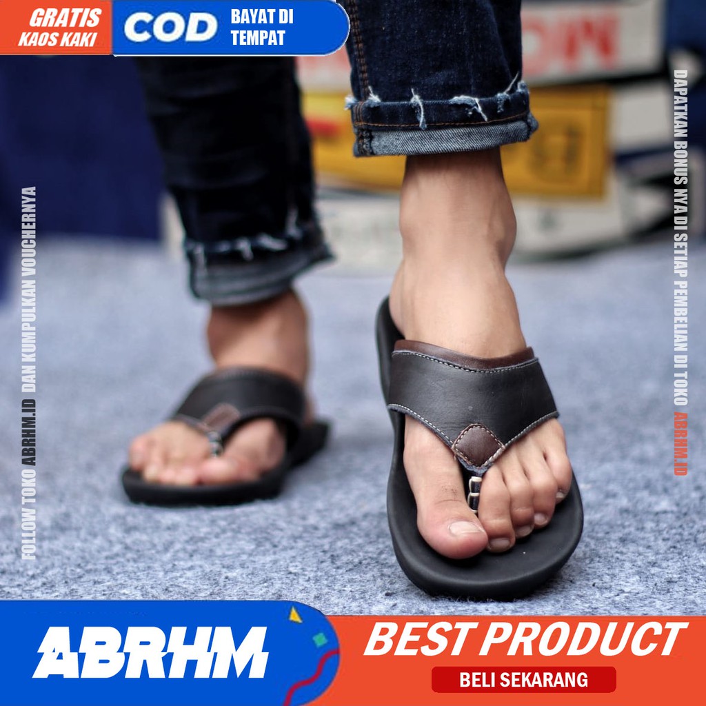 ABRHM X LIGHT Sandal Jepit Pria Sandal Pria Kulit Asli Sandal japit Cowok / Cowo Ori Keren kekinian