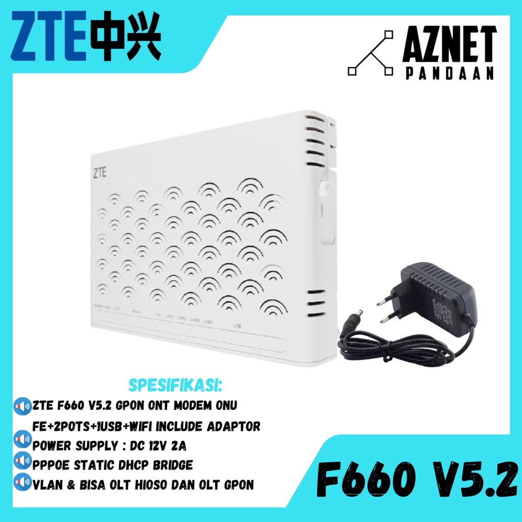 ZTE F660 V5.2 GPON ONT MODEM ONU FE+2POTS+1USB+WIFI INCLUDE ADAPTOR