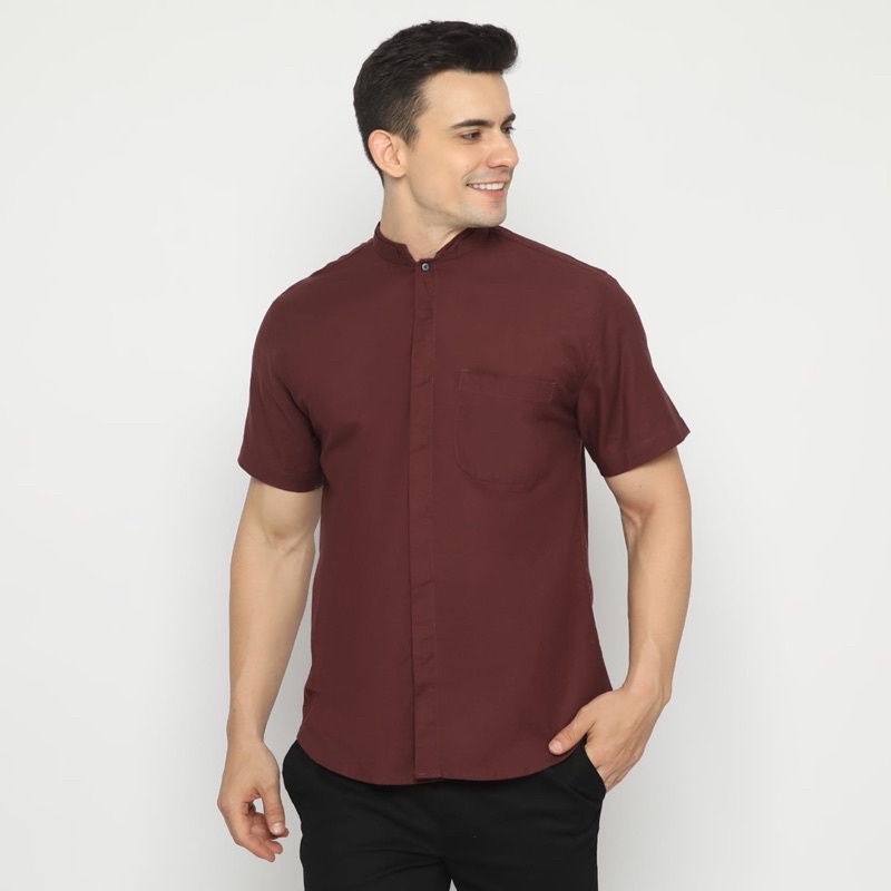 Code Male - Culture Kemeja Pria Kerah Shanghai Merah Maroon Dark Lengan Pendek Casual