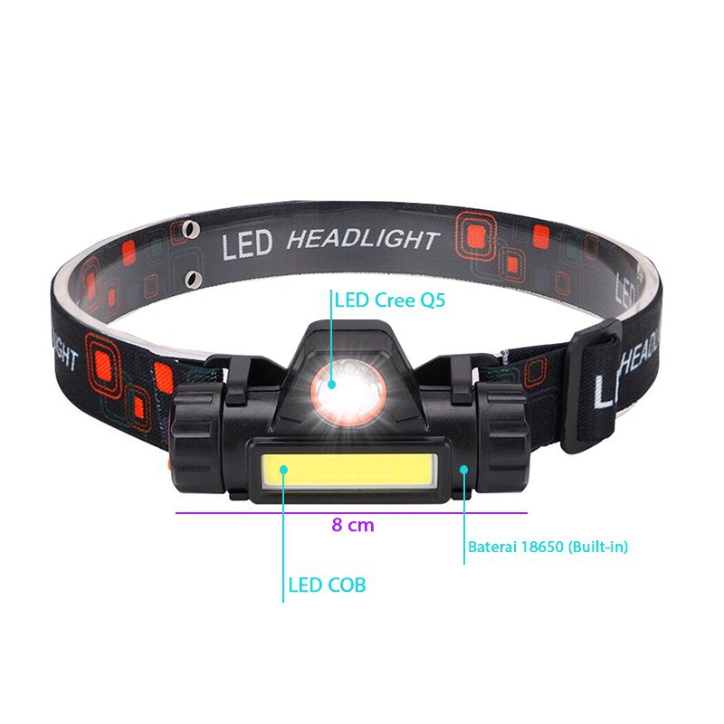 Headlamp LED Cree Q5 + LED COB Headlight Senter Kepala Emergency Darurat Camping Hiking