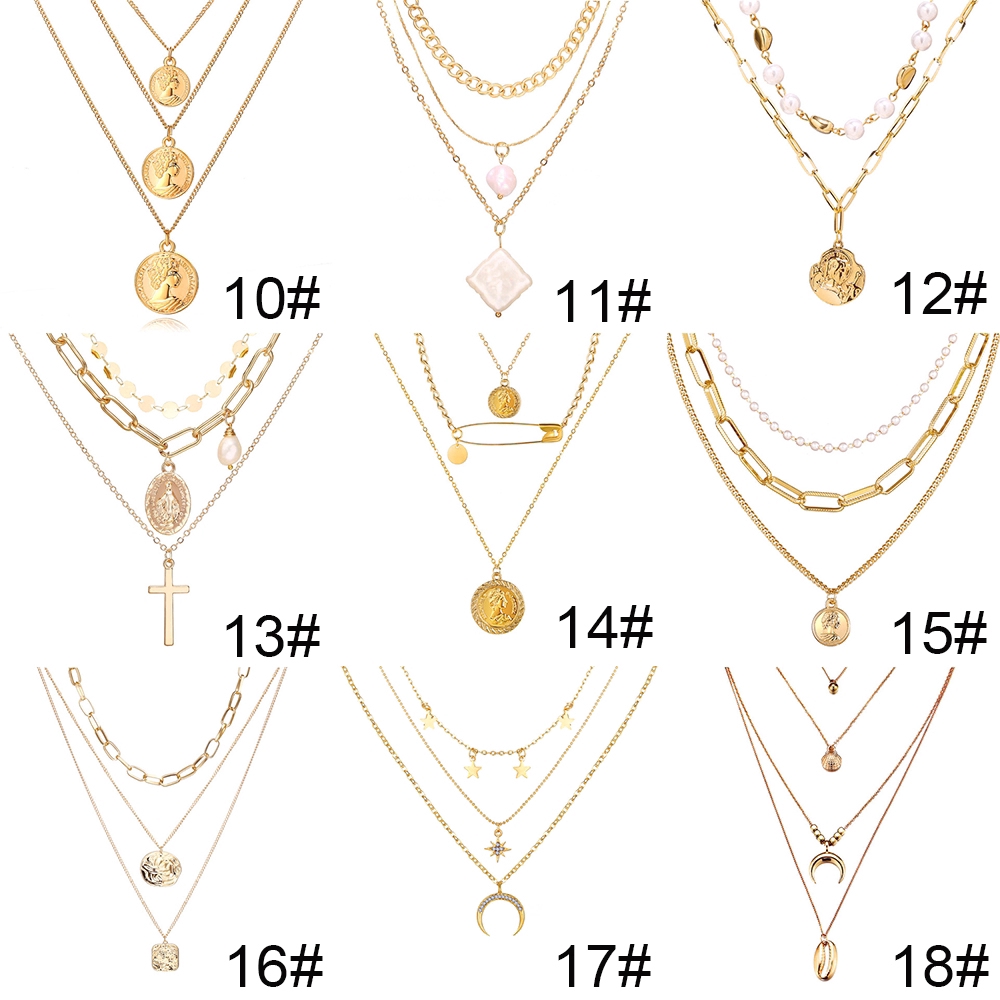 Kalung Choker Multilayer Liontin Bulan Sabit + Kupu-Kupu Warna Gold untuk Wanita Necklace