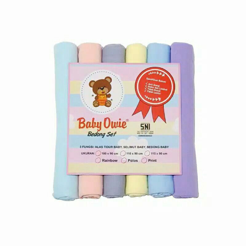 6 Pcs (1/2 Lusin) Bedong Bayi 90x100cm 90x115cm Rainbow BABY OWIE FLOWER POLOS Halus Bedong Set / Alas Tidur 1 PACK