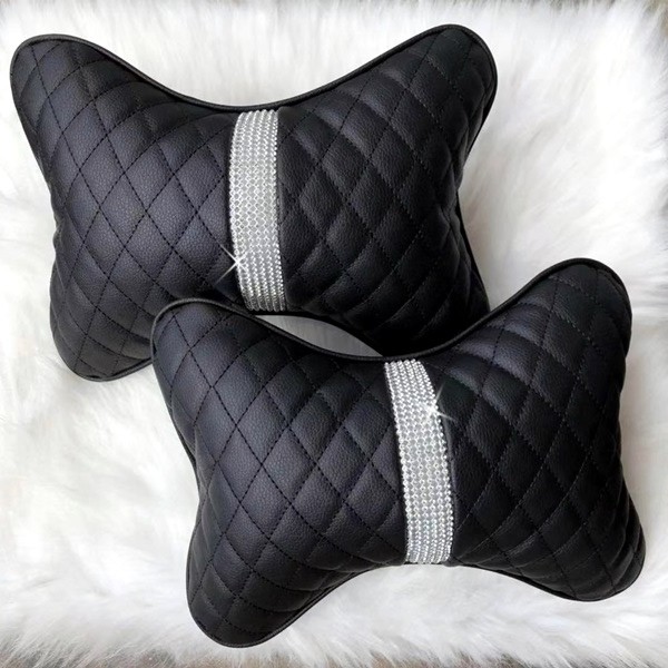 Bantal Kepala Leher Jok Mobil DAD Kulit Hitam V DIAMOND BLING BLING Series Kualitas Super