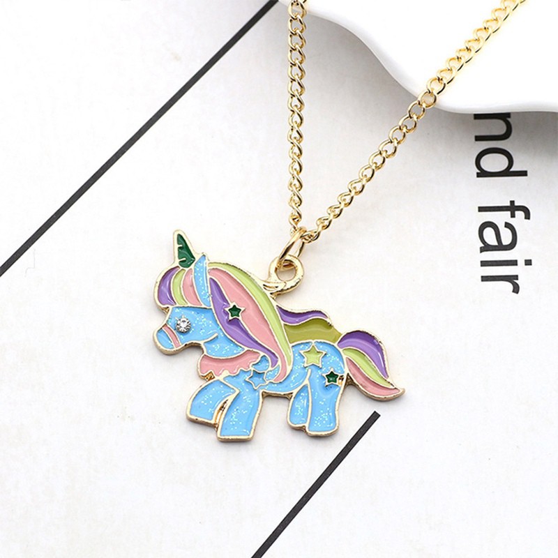 Kalung Rantai dengan Liontin Enamel Kuda Unicorn Variasi untuk Anak Perempuan