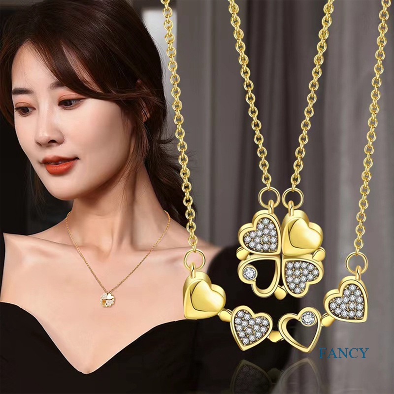 Kalung Rantai Emas Liontin Hati Empat Magnet Aksen Zirkon Bling Untuk Hadiah Valentine Wanita