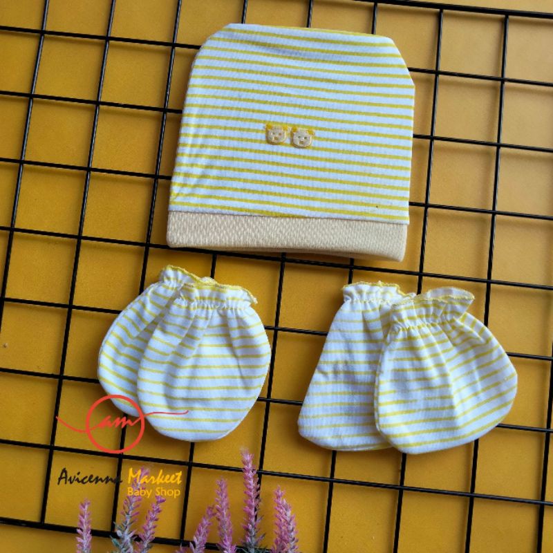 set topi sarung tangan kaki bayi garis salur newborn