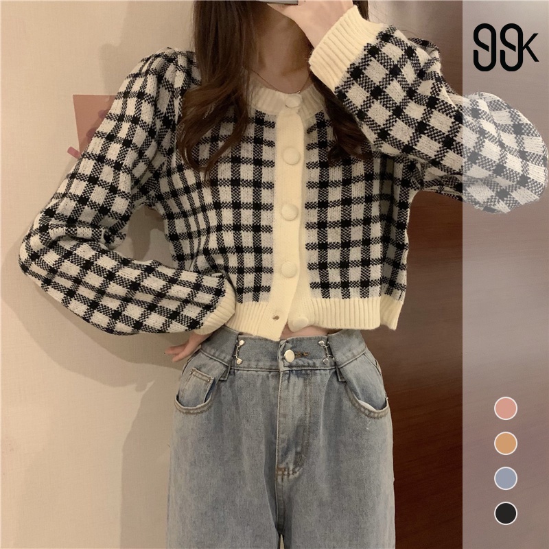 Cardigan Long Sleeve Knit Pakaian Wanita Cardigan Motif Kotak-Kotak 2601