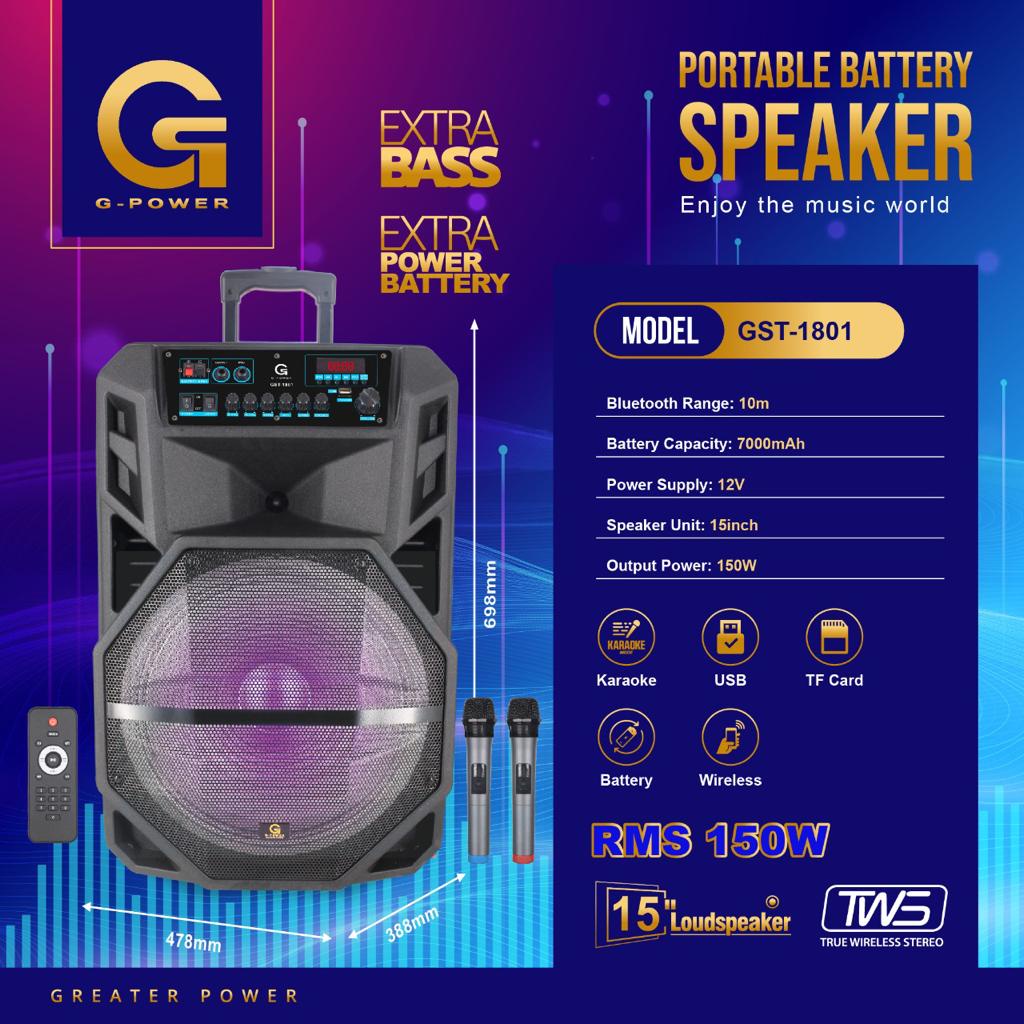 G-POWER PROFESIONAL PORTABLE BATTERY SPEAKER GST 1801 7KENOP/6 KENOP FREE 2 MICROPHONE WIRELESS